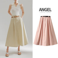 [Thắt lưng miễn phí] ANGEL Váy midi nữ thời trang màu trơn co giãn Hàn Quốc eo cao chữ A màu đen mỏng váy xích đu lớn váy xếp ly dài dành cho nữ