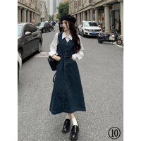 [Thắt lưng miễn phí] Bộ đồ hai mảnh mùa xuân Niche Váy dài Denim kiểu Pháp Váy Vest nữ nhiều lớp Áo sơ mi hợp thời trang