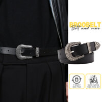 Thắt lưng nam nữ BROO mặt hoa văn bản nhỏ 2.8cm, dây nịt da slr thời trang unisex cao cấp