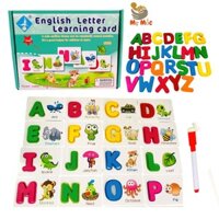 Thẻ Gỗ Ghép Chữ Cái Tiếng Anh-Đồ Chơi gỗ Xếp Hình Thông Minh-Flashcard Khắc Chữ Chìm Tặng 26 Chữ Cái Gỗ+Bút Thần Kỳ