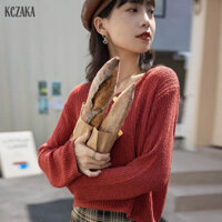 Thể hiện áo len dệt kim ngắn xương đòn nữ áo ngắn không đều dài tay thủy triều rộng