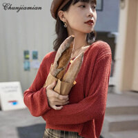 Thể hiện áo len dệt kim ngắn xương đòn nữ áo ngắn không đều dài tay thủy triều rộng