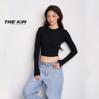 THE KIM Áo croptop dài tay cổ tròn , áo thun tăm cotton tay dài trơn basic cho nữ ôm sát body AD119 croptop