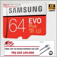 Thẻ nhớ 64Gb MicroSD Samsung Evo Plus 100MB/s U3 Class10 kèm Adapter - (Bảo hành 5 năm) tặng Cáp micro bọc nylon USB xám