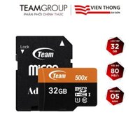 Thẻ nhớ microSDHC Team 32GB 500x upto 80MB/s class 10 U1 kèm Adapter (Cam) - Hãng phân phối chính thức