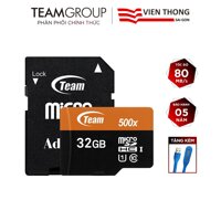 Thẻ nhớ microSDHC Team 32GB 500x upto 80MB/s class 10 U1 kèm Adapter (Cam) tặng đèn LED cổng USB