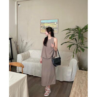 (The Su.n) Set tổ ong sát nách kèm chân váy dài Vintage (ảnh chụp thật)