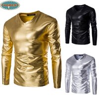 【THEBEST】Men's Black/Yellow/Silver PU Leather Long Sleeve T Shirt for Nightclub