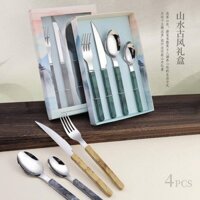 Thép không gỉ Phương Tây Thực Phẩm Dao Nĩa Thìa Hộ Gia Đình Khách Sạn Nhỏ Bộ Đồ Ăn Bít Tết Tay Cầm Dao Nĩa Thìa Bộ