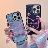 Thêu Bướm Jean Vải Denim Dành Cho iPhone 12 13 14 15 16 Pro Max 11 Ốp lưng Có Mặt Dây Chuyền Móc Khóa Mềm Ốp Lưng