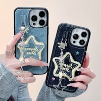 Thêu Ngôi Sao Jean Vải Denim Dành Cho iPhone 12 13 14 15 16 Pro Max 11 Ốp lưng Có Mặt Dây Chuyền Ngôi Sao Móc Khóa Mềm Ốp Lưng