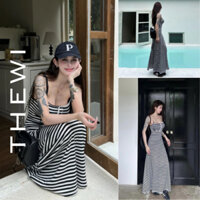 THEWI - Đầm thun len gân 2s sọc maxi trắng đen phong cách mùa hè năng động đi biển D405