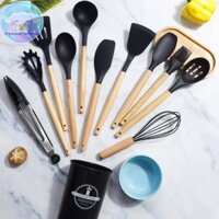 Thewoodfameing 12 Dụng Cụ Nhà Bếp Silicon Thìa Xẻng Thìa Canh Dụng Cụ Nấu Ăn Có Xô Bảo Quản Tay Cầm Gỗ Chống Dính Tiện Ích Nhà Bếp EN