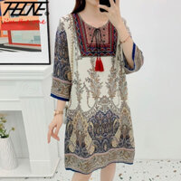 Thhone Hawaii Đầm Nữ Midi Plus Kích Thước Phong Cách Hàn Quốc Quần Áo Thời Trang Rời Cổ Tròn Thêu Vintage Đi Biển In Tua Rua Rời Quá Khổ Một Dòng Boho Váy Bohemian