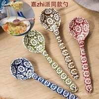 Thìa cơm gốm sứ Thìa Cháo đỏ cổ điển gia dụng màu hoa Thìa canh kiểu Nhật cán dài Instagram hot trên mạng kiểu Hàn Quốc đầu to đáng yêu