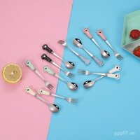 Thìa inox sáng tạo thìa cà phê tay cầm gốm hoạt hình thìa khuấy chân mèo thìa trái cây nĩa tráng miệng