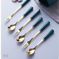 Thìa nĩa cán sứ xanh Đông Âu THÌA NĨA CÁN SỨ XANH NGỌC BÍCH SIZE NHỎ Rĩa inox cán sứ lục giác - Nĩa
