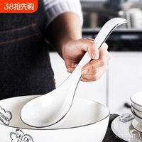 Thìa súp gốm lớn cho sử dụng tại nhà và thương mại, thìa tay cầm dài để phục vụ súp và cơm, thìa cháo gốm trắng thuần để ăn