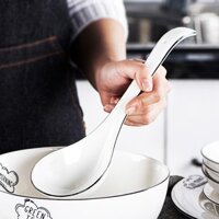 Thìa súp gốm lớn cho sử dụng tại nhà và thương mại, thìa tay cầm dài để phục vụ súp và cơm, thìa cháo gốm trắng thuần để ăn