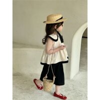Thích hợp cho bé 5-28kg quần áo trẻ em Hàn Quốc bé gái phong cách đại học Bộ đồ cotton mùa hè cho bé gái áo sơ mi ống rộng quần hai mảnh