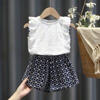 Thích hợp cho bé gái 9-40kg phù hợp với quần short cotton mùa hè thêu cotton thoáng khí thân thiện với da thời trang bé gái bộ đồ hai mảnh