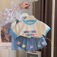 Thích hợp cho bé nặng 5-28kg. Set Áo Thun Ngắn Tay In Hình Mặt Cười Và Chân Váy Xếp Ly Dễ Thương Cho Bé Gái