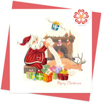 Thiệp giấy xoắn giáng sinh 15 x 15 cm - Ông già noel tinh nghịch - Ông già noel bên bếp lửa hồng