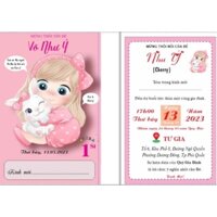 thiệp mời thôi nôi sinh nhật cho bé gái, in hoàn thiện nội dung, combo 50 thiệp