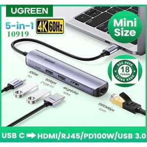 Thiết bị mở rộng USB Type-C to HDMI 4k@30Hz/ USB 3.0/ Lan Gigabit/ PD 100W Ugreen 10919