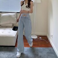 Thiết Kế Cảm Giác Cao Cấp Ren-Up Pure Desire Hot Girl Quần Jean Nữ Mùa Hè Rời Rộng Quần Ống Rộng Quần Ống Thẳng F