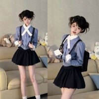 Thiết kế cảm giác múa ba lê phong cách Hàn Quốc bộ váy dài tay chiết eo Áo Sơ Mi Nữ Kẻ Sọc khâu đầu thu MUXY