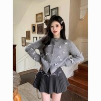 Thiết Kế Công Nghiệp Nặng Nơ Cao Cấp Phong Cách Thơm Nhỏ Áo Len Dệt Kim Khoác Nữ Thu Đông Mẫu Mới Màu Xám