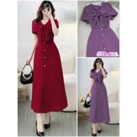 Thiết kế - Đầm dáng xòe vai choàng thắt nơ, váy lụa cổ tròn tay ngắn cài nút trước