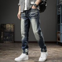 [Thiết kế eo vừa vặn thoải mái] Quần jean trắng giặt và mài cổ điển cao cấp kiểu Mỹ dành cho nam mùa xuân mới Slim Straight Pussy và quần thun cho nam