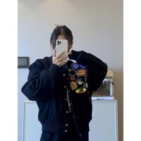 Thiết Kế Họa Tiết Vui Nhộn Áo Khoác Xanh Nữ Dạo Phố Xuân Thu Phong Cách Cặp Đôi Cao Cấp Mặc Đồng Phục Bóng Chày Hàng Đầu