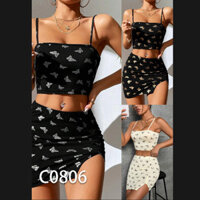 Thiết kế in họa tiết bướm, bộ đồ hai mảnh, áo khoác hở bụng, lưng đẹp, áo ống không dây, chân váy sexy