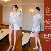 (Thiết kế) Jum dạ HANPEACH phối cổ bèo màu Kem áo sơ mi trắng dài tay cổ tàu mix cùng chân váy xếp ly xòe ngắn tiểu thư
