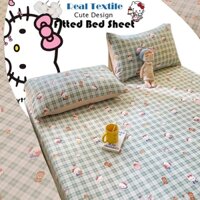 Thiết kế lưới màu hồng hello kitty hoạt hình trang bị tấm ga trải giường đơn cỡ queen vỏ gối cotton