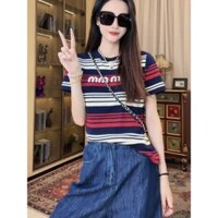 Thiết Kế Mặc Đường Phố Cảm Giác Sọc Áo Thun Nữ Mùa Hè Phong Cách Mới Thêu Chữ Thời Trang Tất Cả Trận Đấu Mỏng Hơn Nhìn