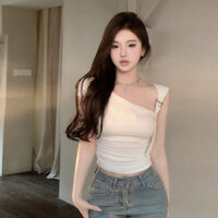 Thiết kế màu trắng Sense xiên Vai Bạc Nút Top Niche Hot Girl Gợi cảm Slim-fit Slimmer Nhìn Ngắn Tất cả các trận đấu Áo thun