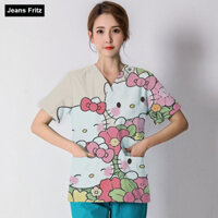 Thiết Kế Mới Bác Sĩ / Y Tá Đồng Phục Hoạt Hình Hello Kitty Giai Điệu In Hình Dễ Thương Chất Lượng Cao Giặt Quần Áo Nữ Cổ Chữ V Áo Thun Ngắn Tay Top Thoải Mái Thoáng Khí Phẫu Thuật Áo Choàng