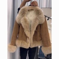 Thiết Kế Phong Cách Hàn Quốc Cổ Lông Áo Khoác Denim Mùa Thu Đông 2024 Phong Cách Độc Đáo Siêu Đính Hạt Dày Cao Cấp Cảm Giác Sang Trọng Áo Khoác / Hạt 252.11