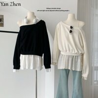 Thiết Kế Phong Cách Hàn Quốc Mới Vai Dài Tay Áo Len Ren Spaghetti-Strap Bộ Hai Mảnh