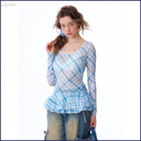 Thiết Kế Sense Bán Trong Suốt Kẻ Sọc Lưới Kẻ Sọc Dài Tay Áo Thun Nữ Xù Dài Tay Top