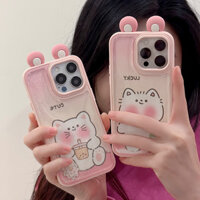 Thiết Kế Tai 3D Thanh Lịch Lấp Lánh & Cát Lỏng Màu Hồng Ốp Lưng Điện Thoại Hoạt Hình Mèo May Mắn Dễ Thương Cắt Camera Lớn Cho iPhone 16ProMax 15ProMax 14ProMax 13ProMax 15 16 14