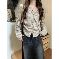 Thiết kế thời trang nữ, áo thun ôm eo, cổ chữ V, dây rút, bộ sưu tập mùa xuân [Bộ sưu tập áo sơ mi, áo phong cách Pháp 7293, phong cách retro mới 2025