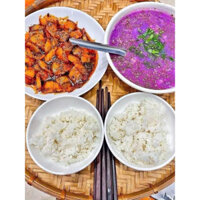 Thịt Kho Tiêu Canh Khoai Mỡ+tôm rang canh khoai mỡ+Cá cơm kho tiêu canh khoai mỡ