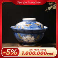 Thố có nắp men lam vẽ hoa bạch trà (triện đáy)