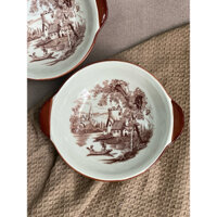 🧸Thố gốm cạn có 2 tai cầm, hoạ tiết Âu Vintage màu nâu.