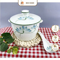 Thố Sứ Chưng Yến Có Nắp Đậy 400ml Hoạ Tiết Vẽ Tay Âu Đựng Thức Ăn Tiệm Gốm Sứ Bát Tràng Có Kèm Đĩa Và Thìa